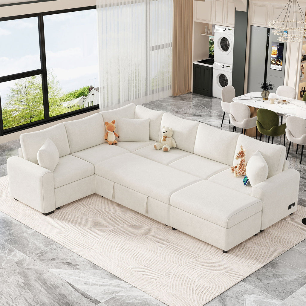 Sleeper Sectional Sofa with Storage Ottoman and USB Charging - White or Dark Gray