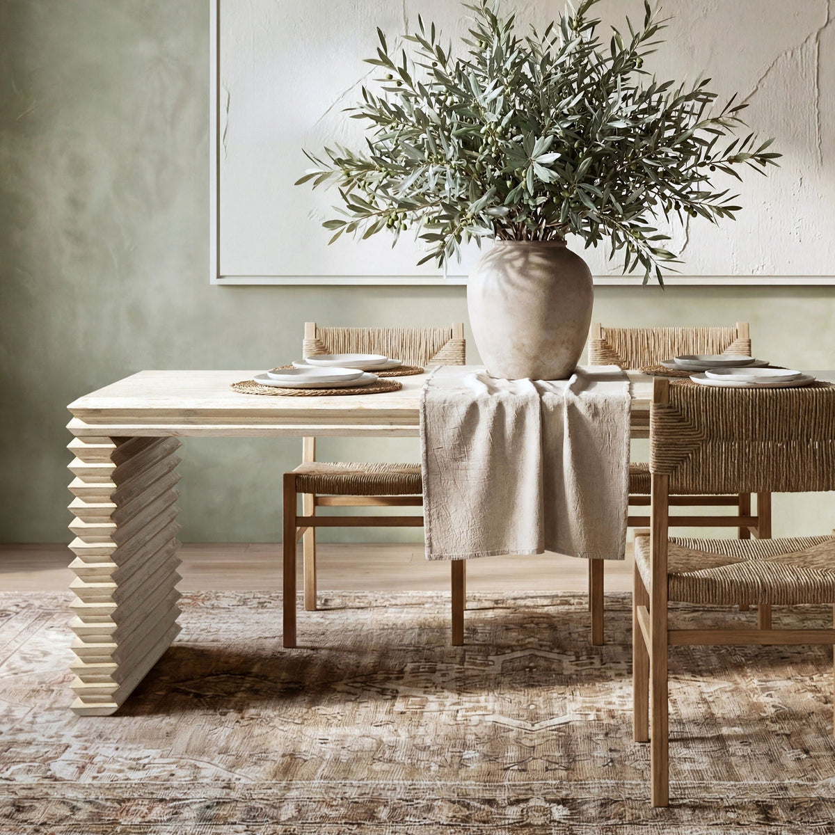 Geometric Waterfall Dining Table with Sculptural Base - White