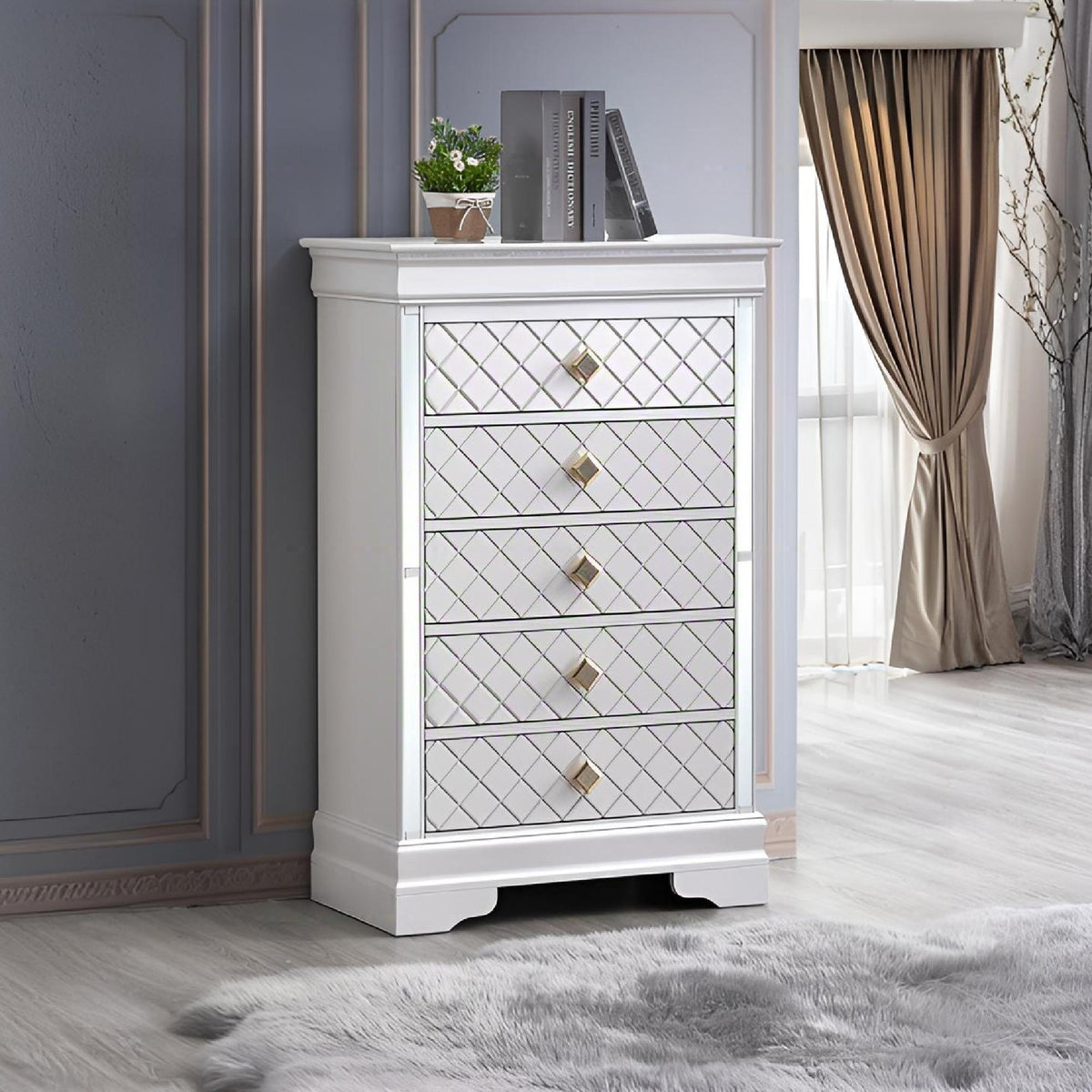 Embossed X Design Accent Chest with Crystal Pulls - Gray, Black, or Pearl Silver