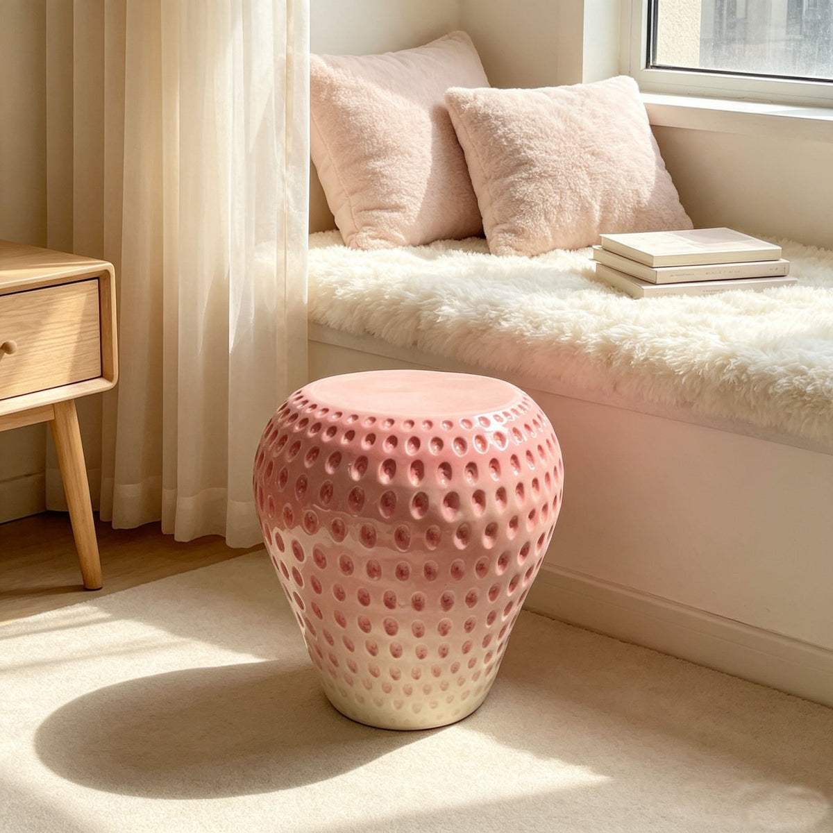 Strawberry Fruit Stool with Durable Resin Construction - Pink or Red
