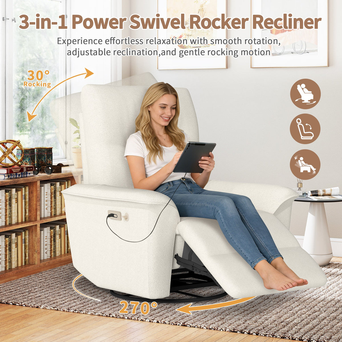 270° Power Swivel Rocker Recliner Chair with USB Ports - Snowflake