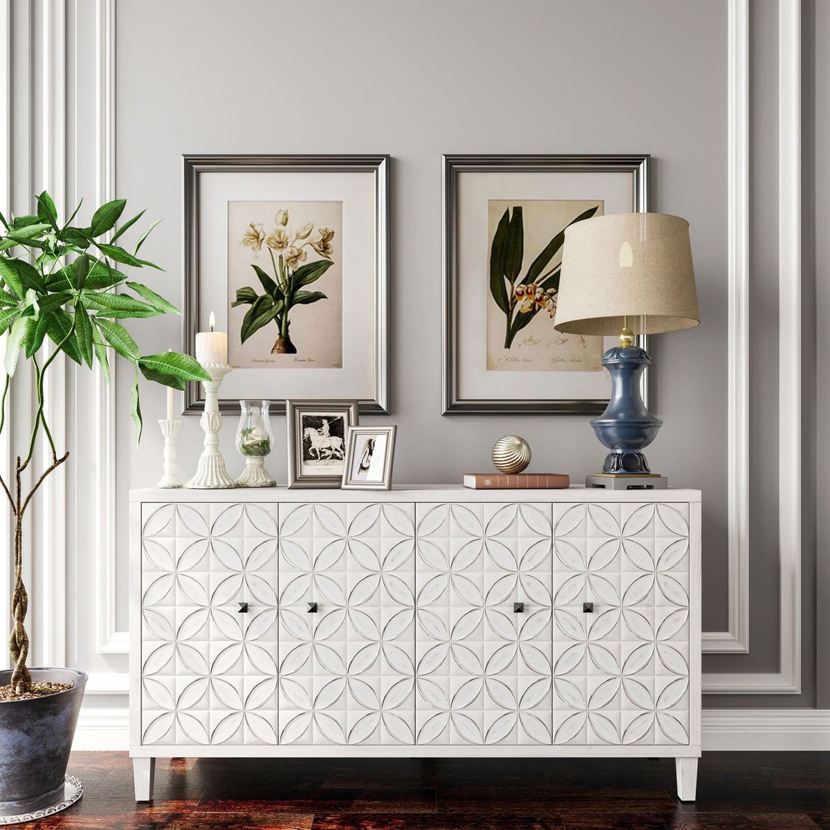 White Wash 4-Door Sideboard Cabinet with Adjustable Shelves