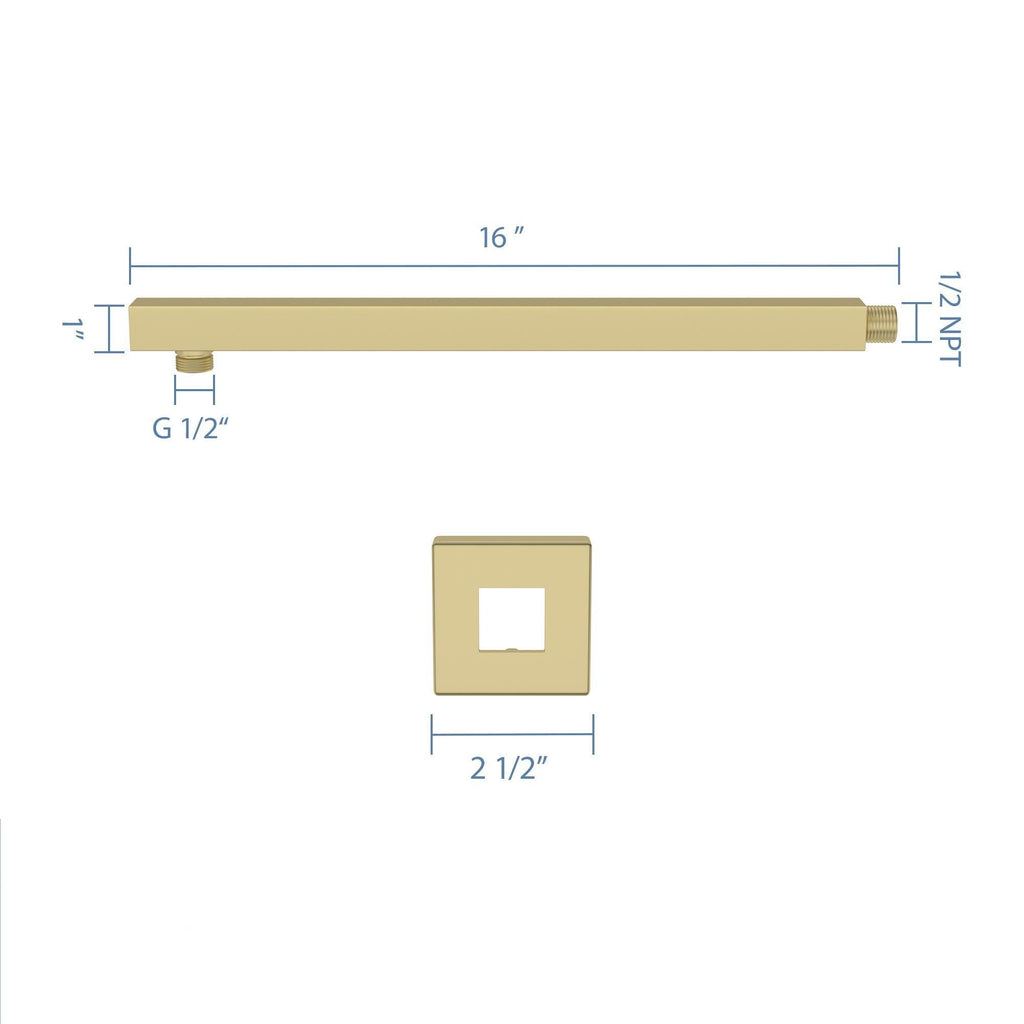 Wall Mounted Shower Arm with Flange – 16" Stainless Steel - Gold, Black, Gray