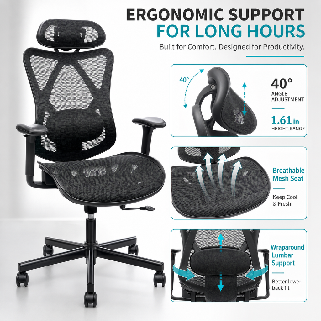 Ergonomic Office Chair with Adjustable Lumbar Support - Mesh High Back