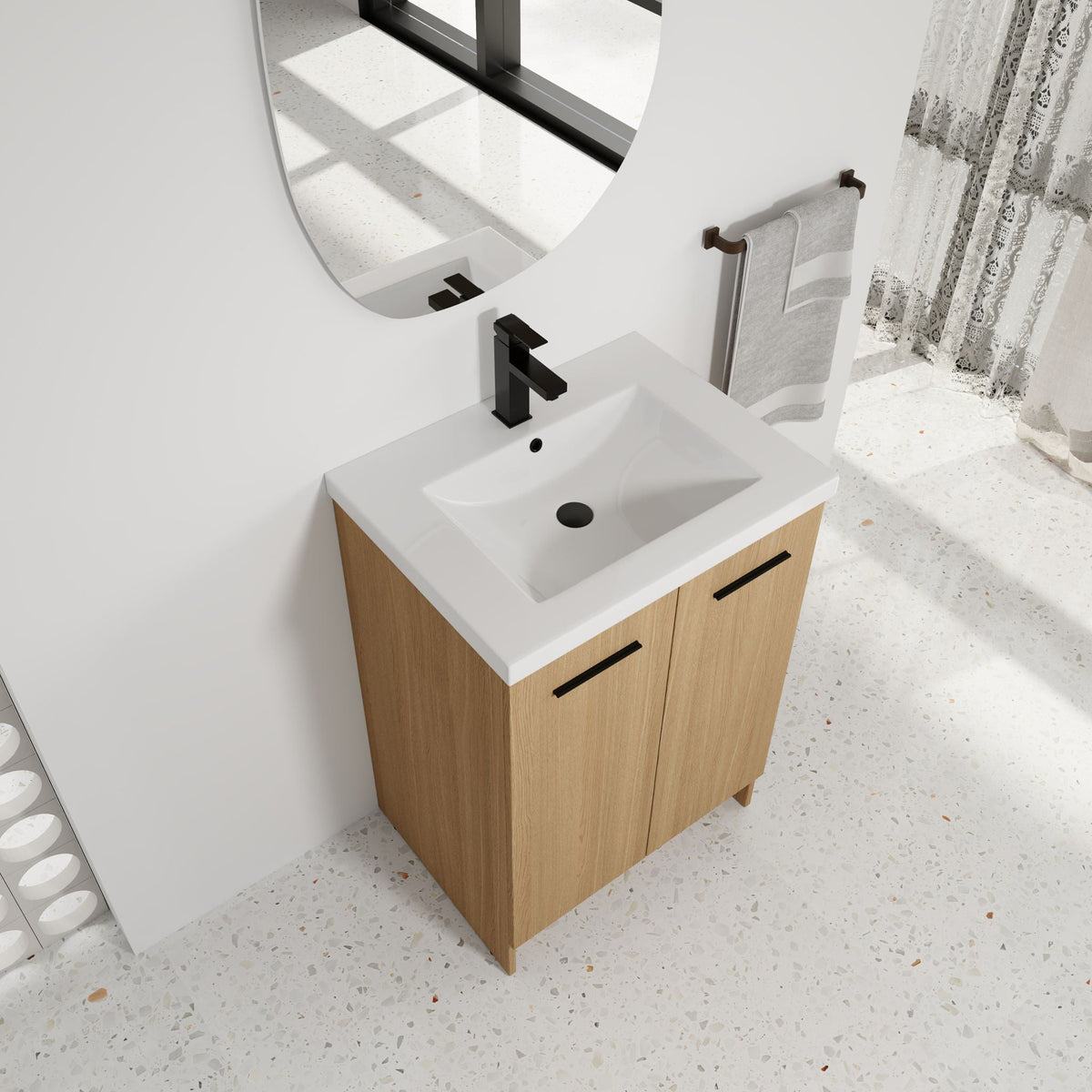 Floating Bathroom Vanity With Sink, Wall Mounted Double Door Storage - Light Brown