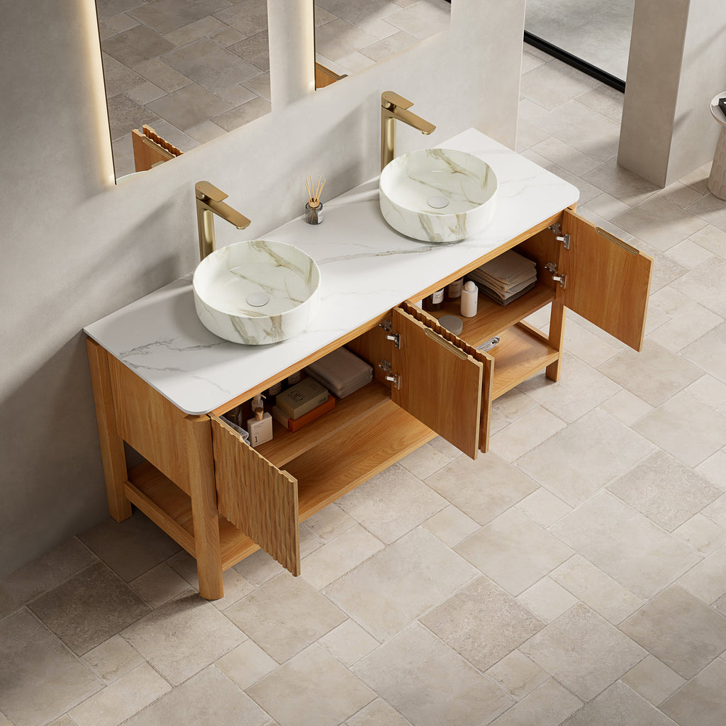 60" Bathroom Vanity with Sintered Stone Top and Dual Sinks - Natural Finish