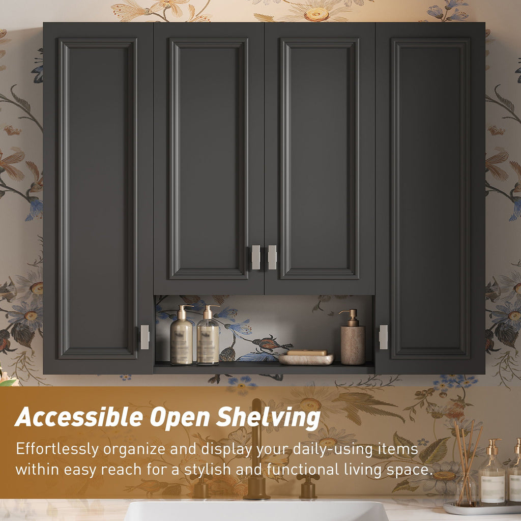 Wall Mounted Bathroom Cabinet With 5 Adjustable Shelves and Soft-Closing Hinges - Gray or Black
