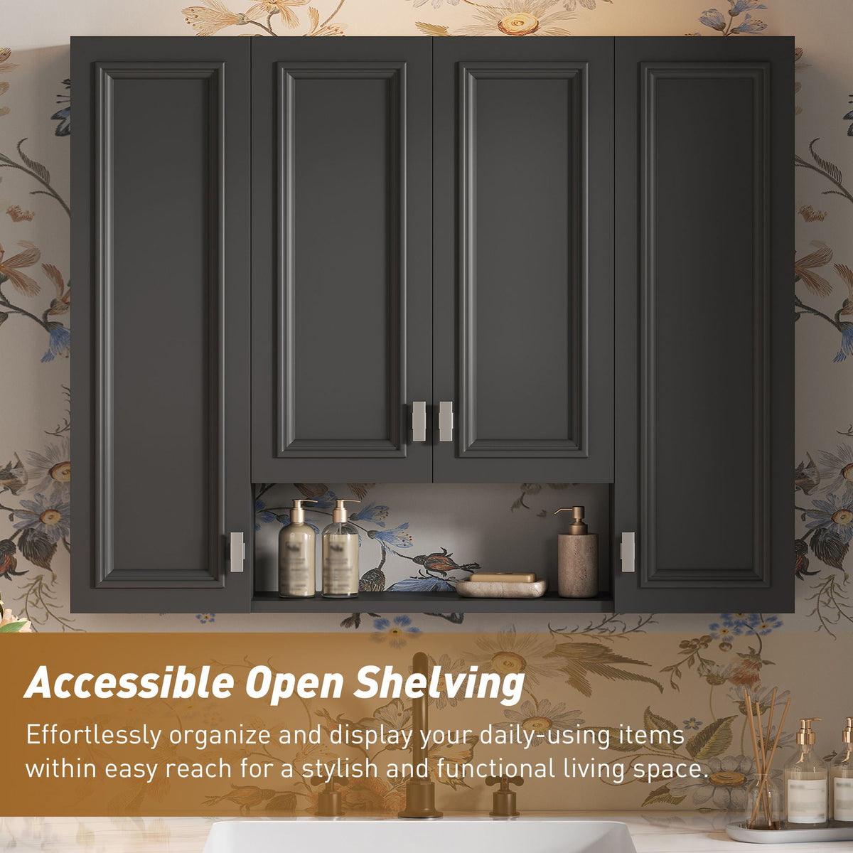Wall Mounted Bathroom Cabinet With 5 Adjustable Shelves and Soft-Closing Hinges - Gray or Black