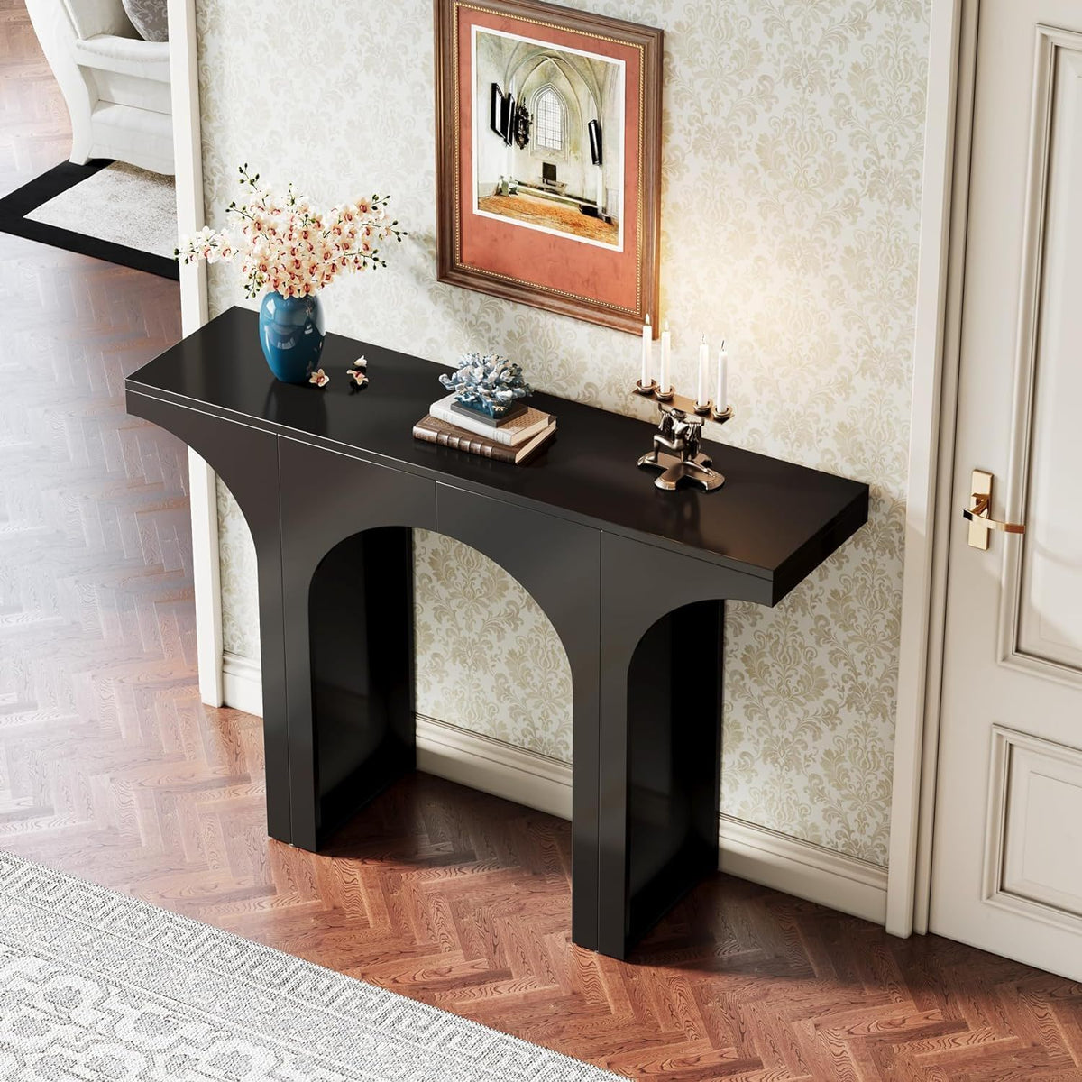Black Console Table with Arched Base - Solid Wood & MDF