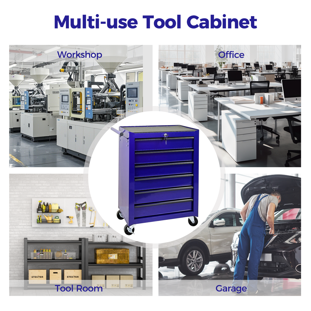 Rolling Metal Tool Chest with 6 Drawers - Steel Mobile Cabinet - Purple