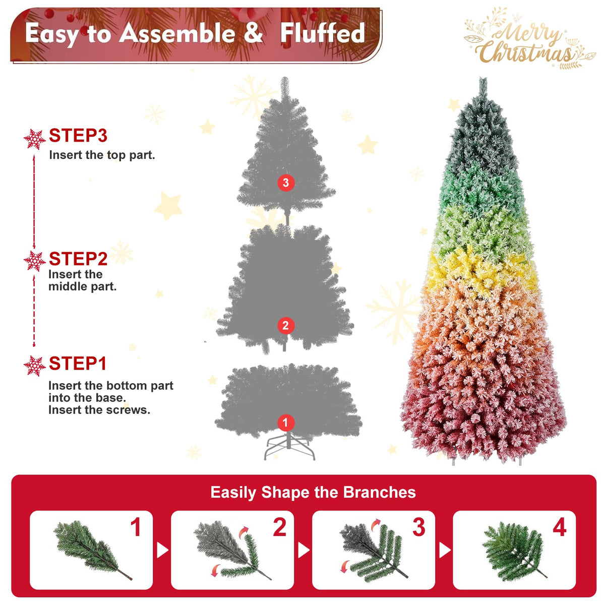 7.5ft Rainbow Gradient Flocked PVC Christmas Tree with Sturdy Metal Stand - Multi-Color