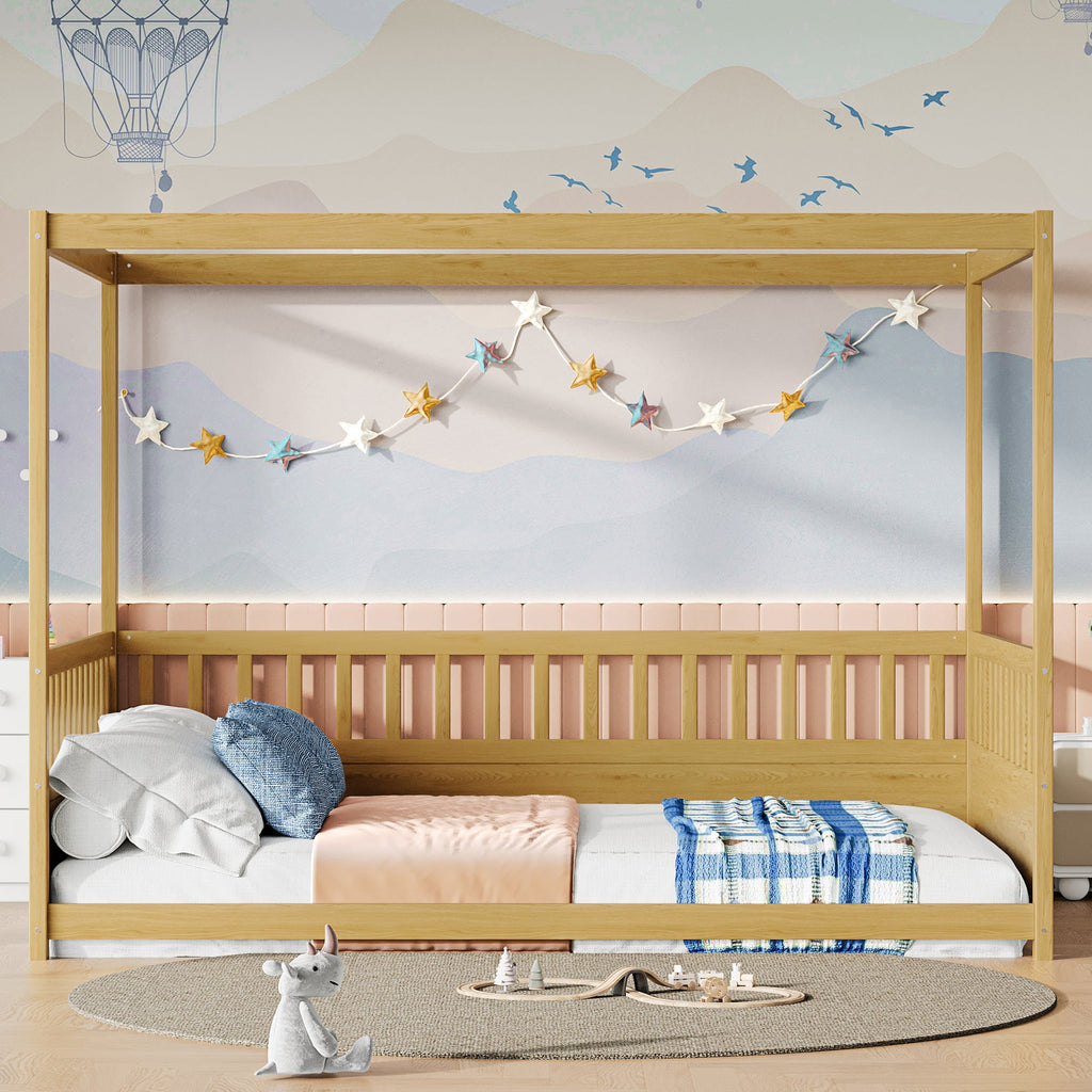 Full Size Canopy Bed Frame with Guardrails for Kids - Pine Wood