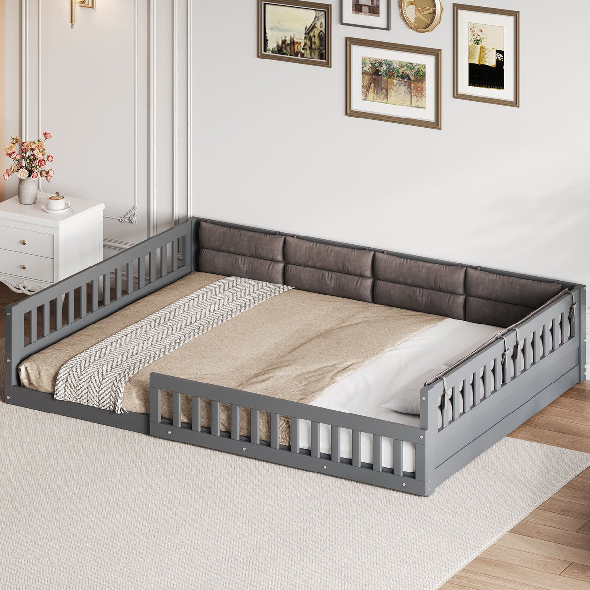 Upholstered Platform Bed with Guardrail and Pillow - Dark Gray