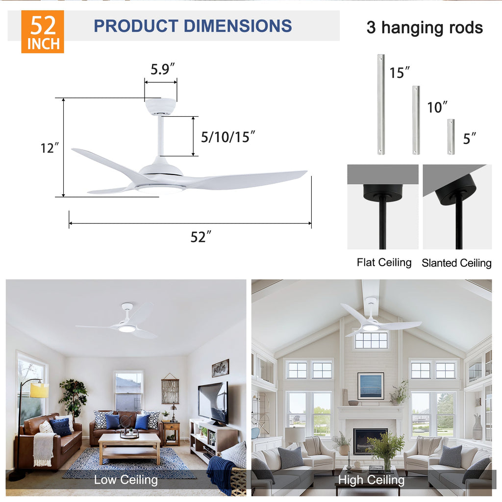 52 Inch Ceiling Fan with LED Light Kit and Remote - Matte White