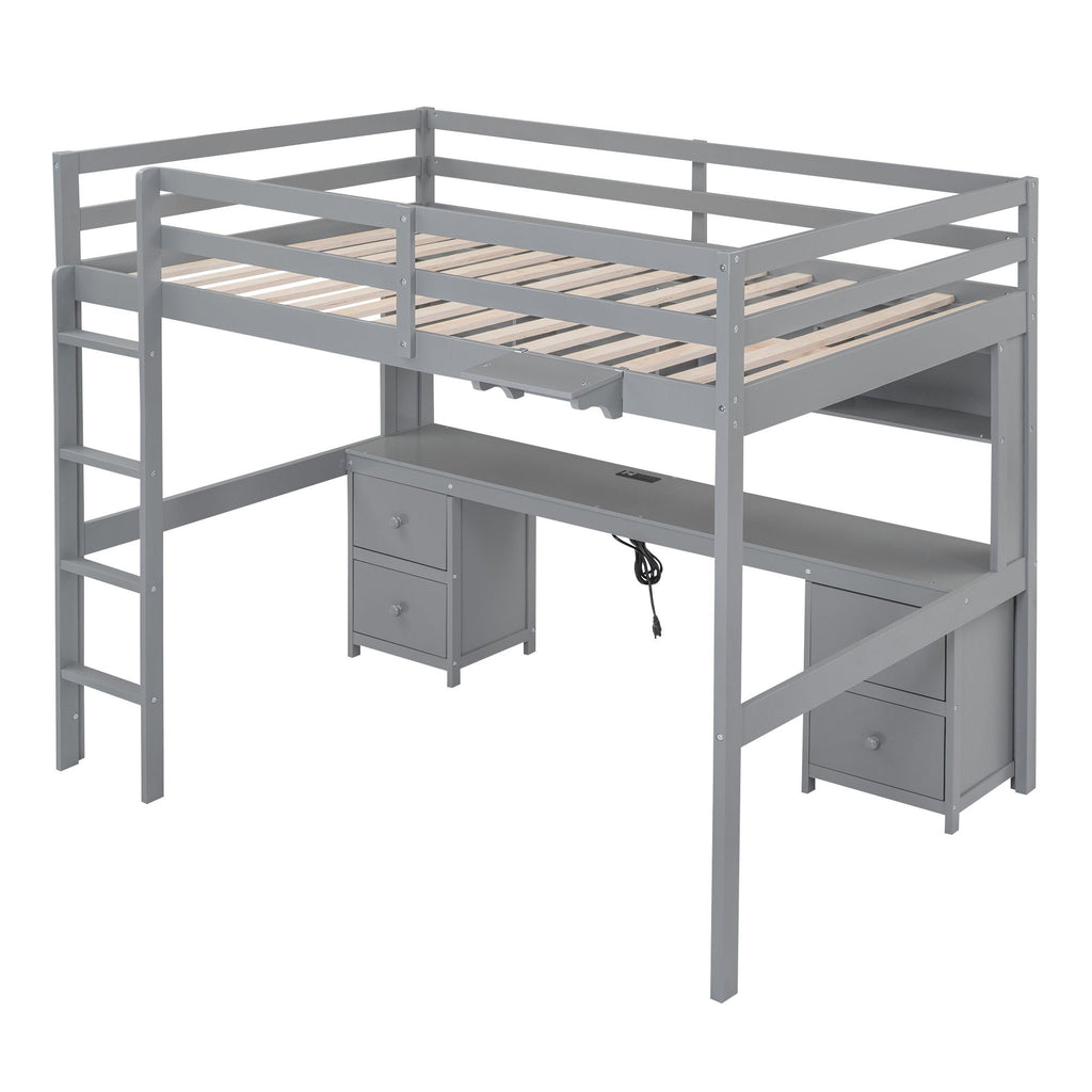 Loft Bed with Desk, Cabinets, Drawers and Charging Station - Full Size