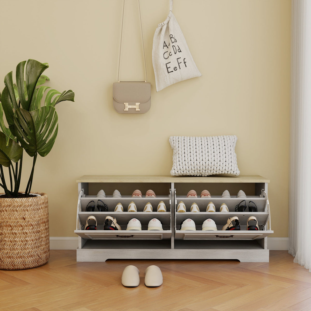 Shoe Storage Bench with Adjustable Shelf - Antique Finish