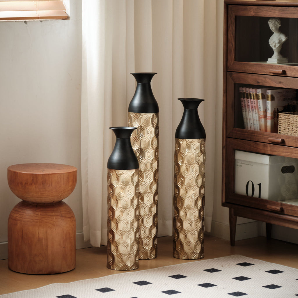 Black & Gold Floor Metal Vases with Durable Metal Construction - Set of 3