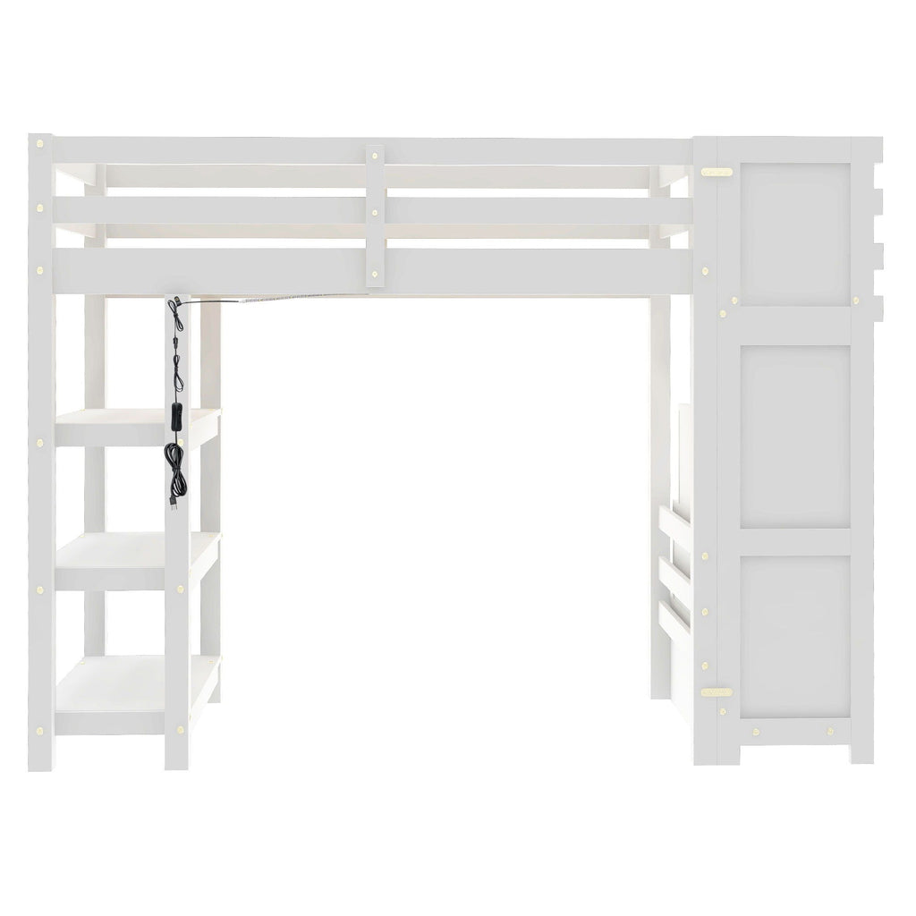 Loft Bed With 4 Layer Shelves, Storage Staircase, Small Wardrobe And LED Light