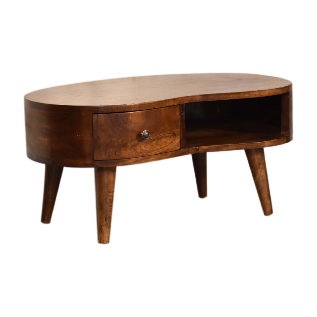 Solid Wood Mini Chestnut Wave Coffee Table with Drawer - Chestnut Finish