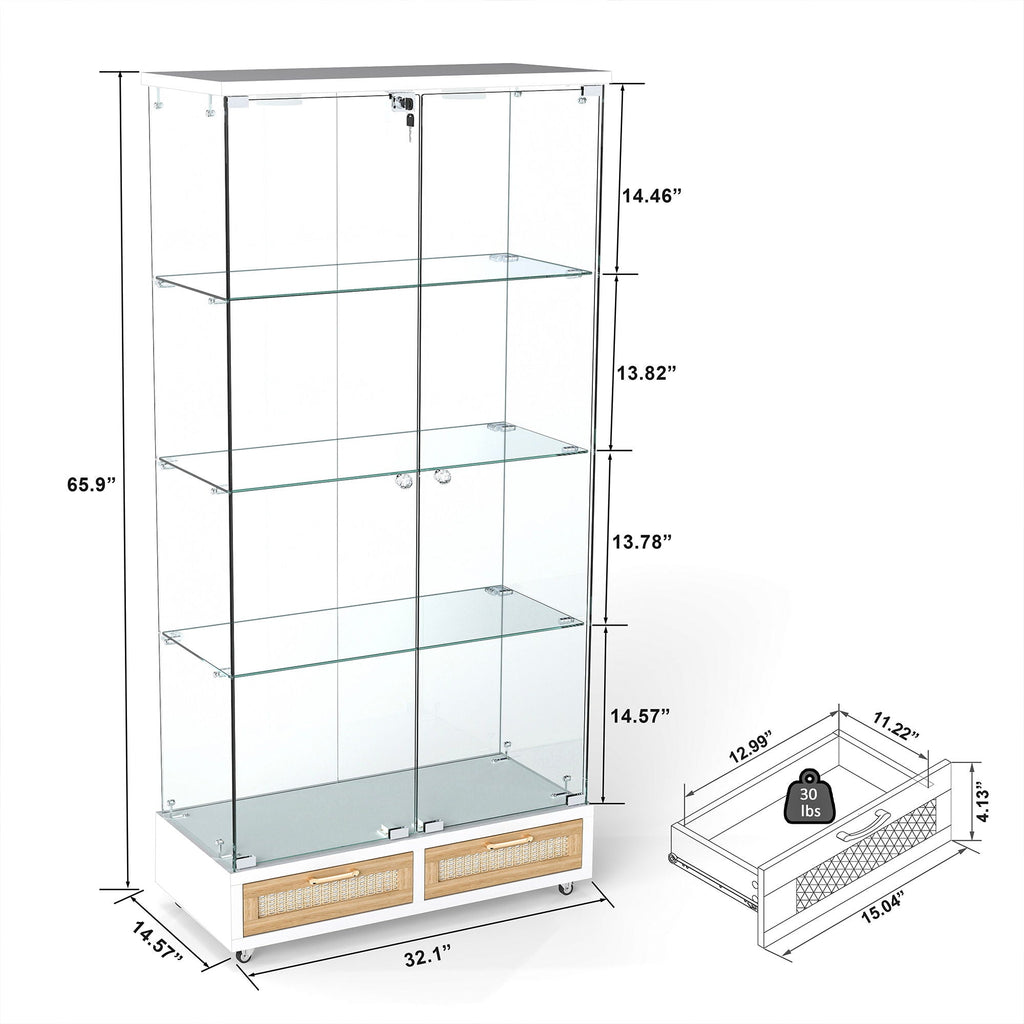 Glass Display Cabinet with LED Lights and Large Drawers - Natural / White