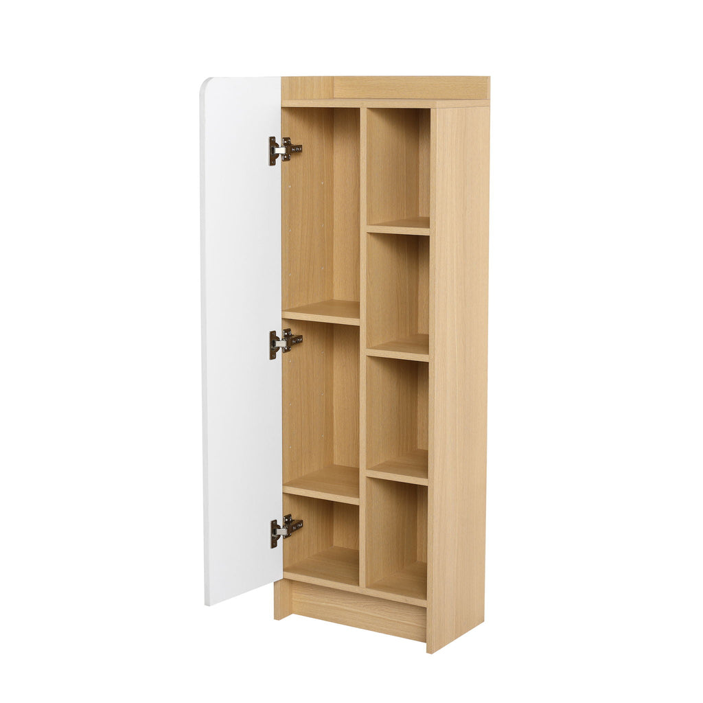 Tall Freestanding Bathroom Side Cabinet with Single Door & 4 Tier Open Shelves - Black / Light Oak / White