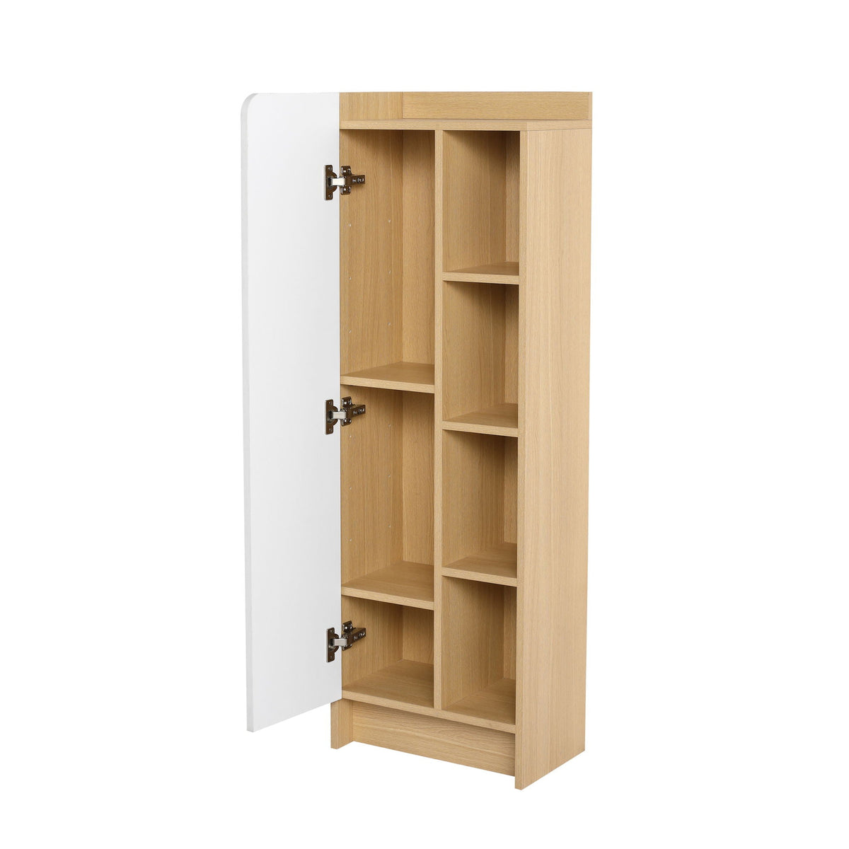 Tall Freestanding Bathroom Side Cabinet with Single Door & 4 Tier Open Shelves - Black / Light Oak / White