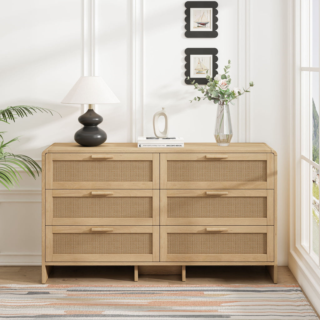 Modern Arc Shaped Rattan Accent Cabinet with 6 Drawers - Light Brown