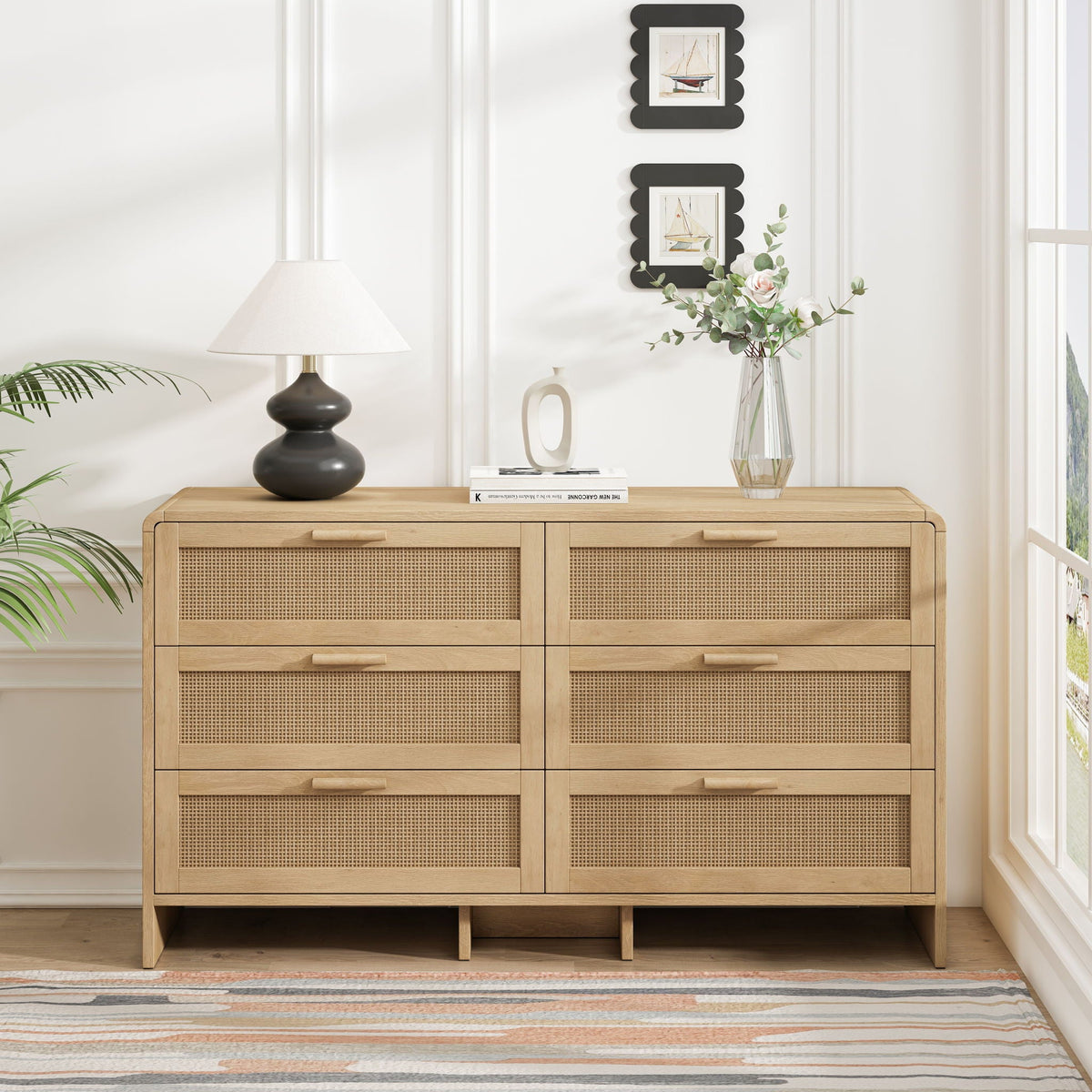 Modern Arc Shaped Rattan Accent Cabinet with 6 Drawers - Light Brown