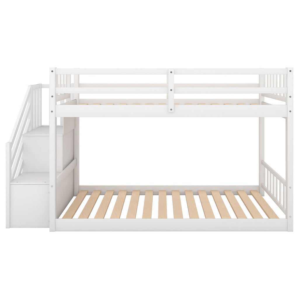 Twin Over Twin Floor Bunk Bed with Ladder Storage - White or Dark Gray
