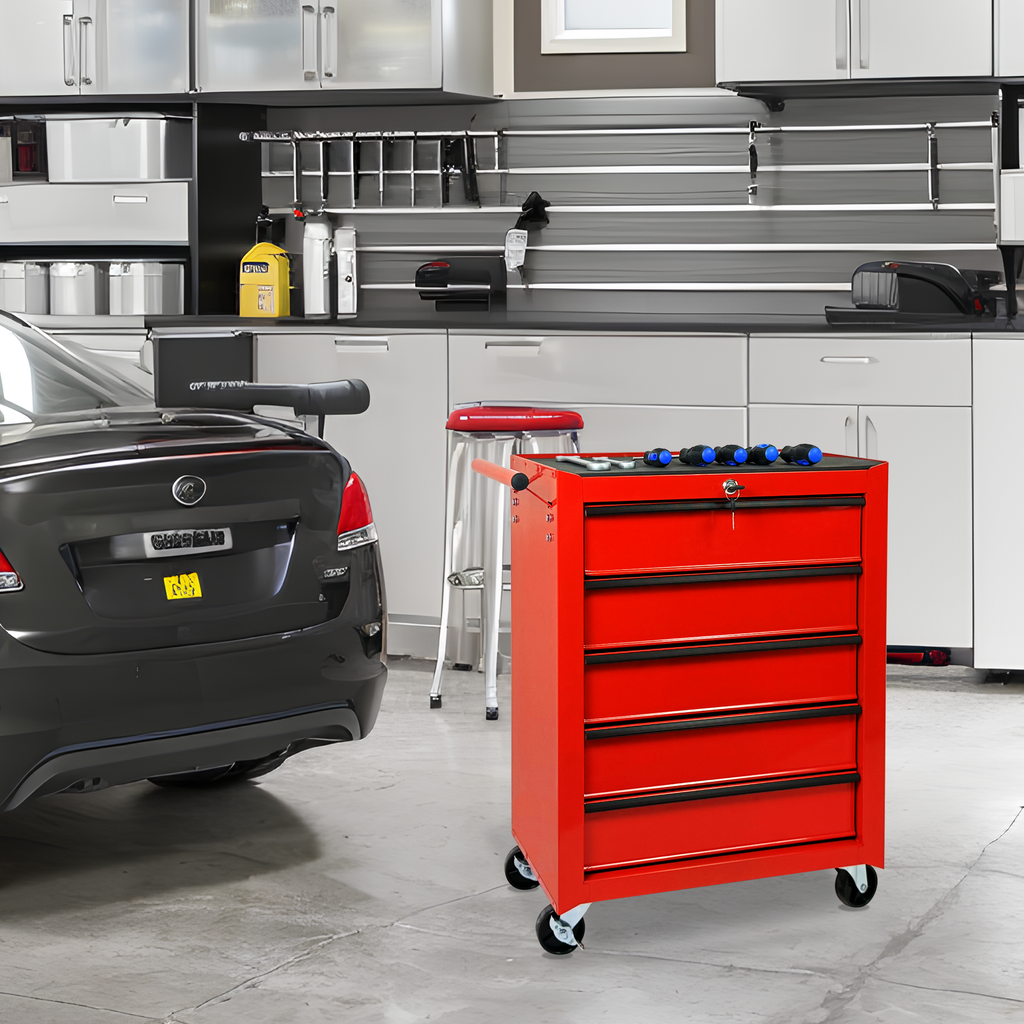 Rolling Metal Tool Chest with 5 Drawers - Red