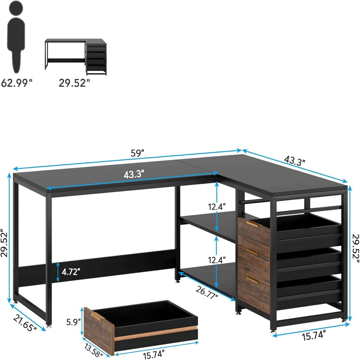 L-Shaped Computer Desk with Drawers and Shelves - Black or Dark Brown