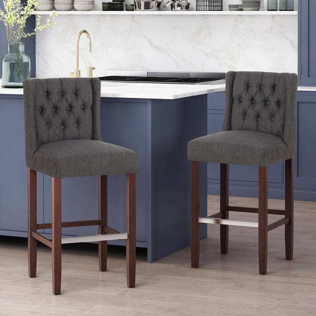 Upholstered Barstool with Button Tufted Wing Back - Multiple Colors