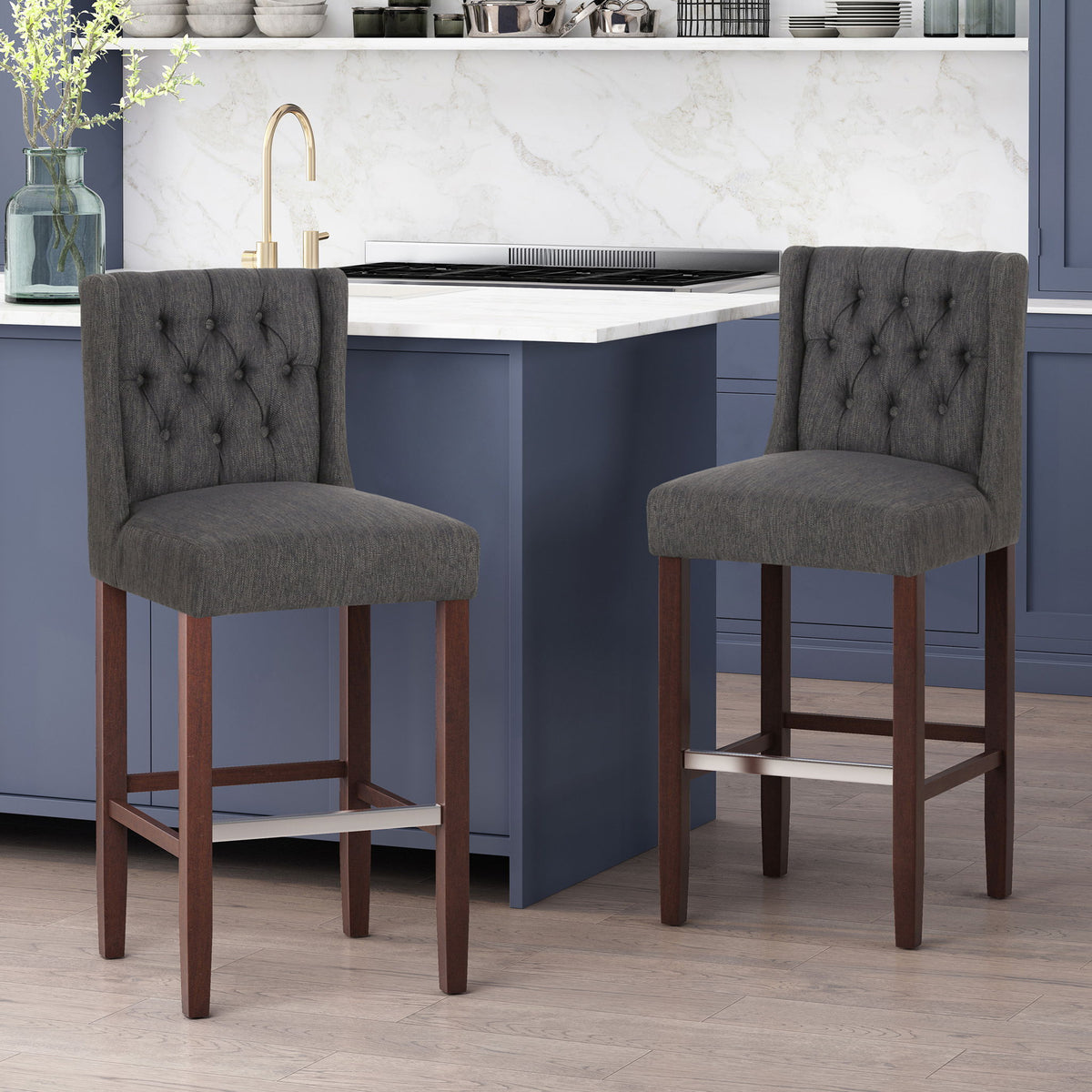 Upholstered Barstool with Button Tufted Wing Back - Multiple Colors