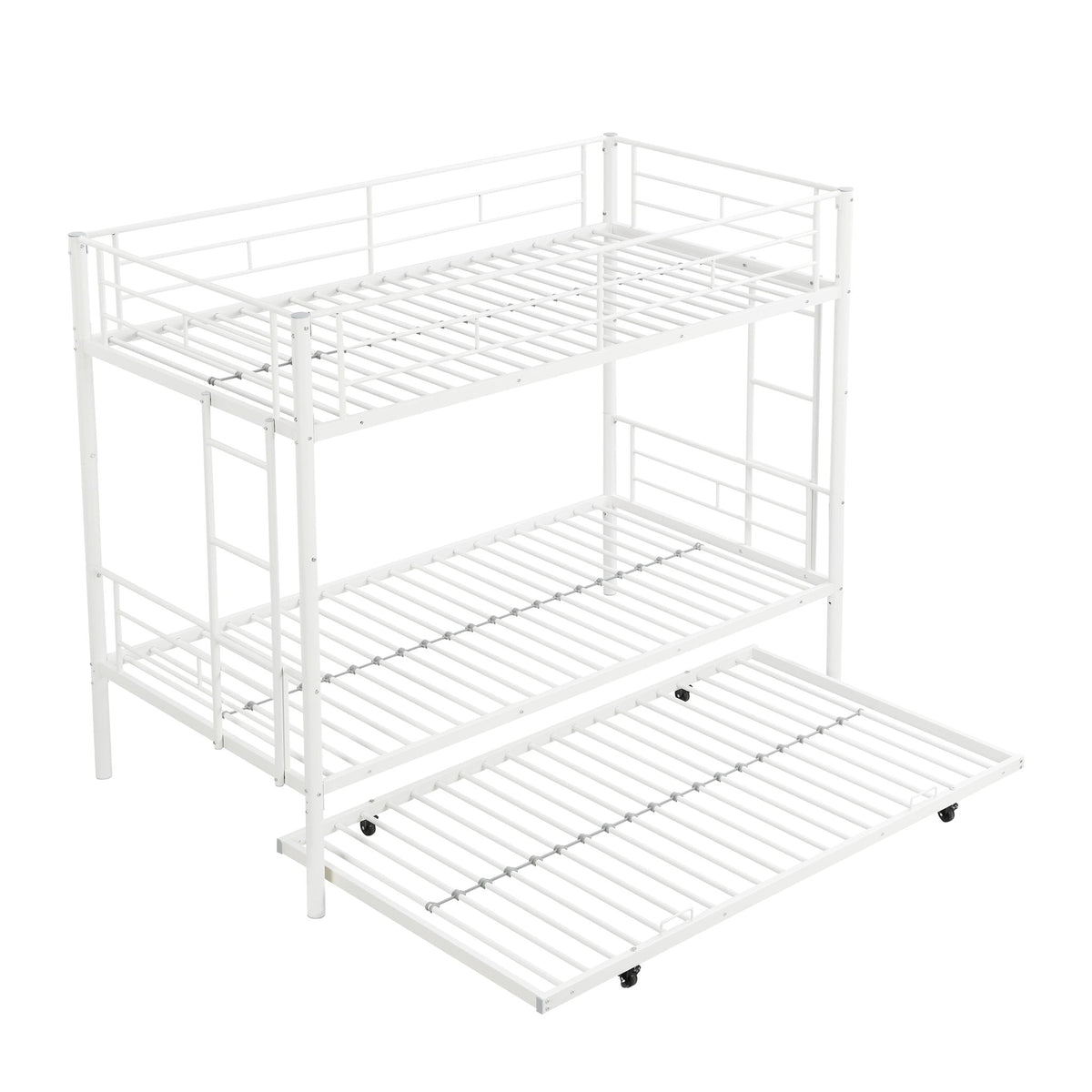 Twin Over Twin Bunk Bed with Trundle - Sturdy Metal Frame - Pearl Silver, White, or Pink
