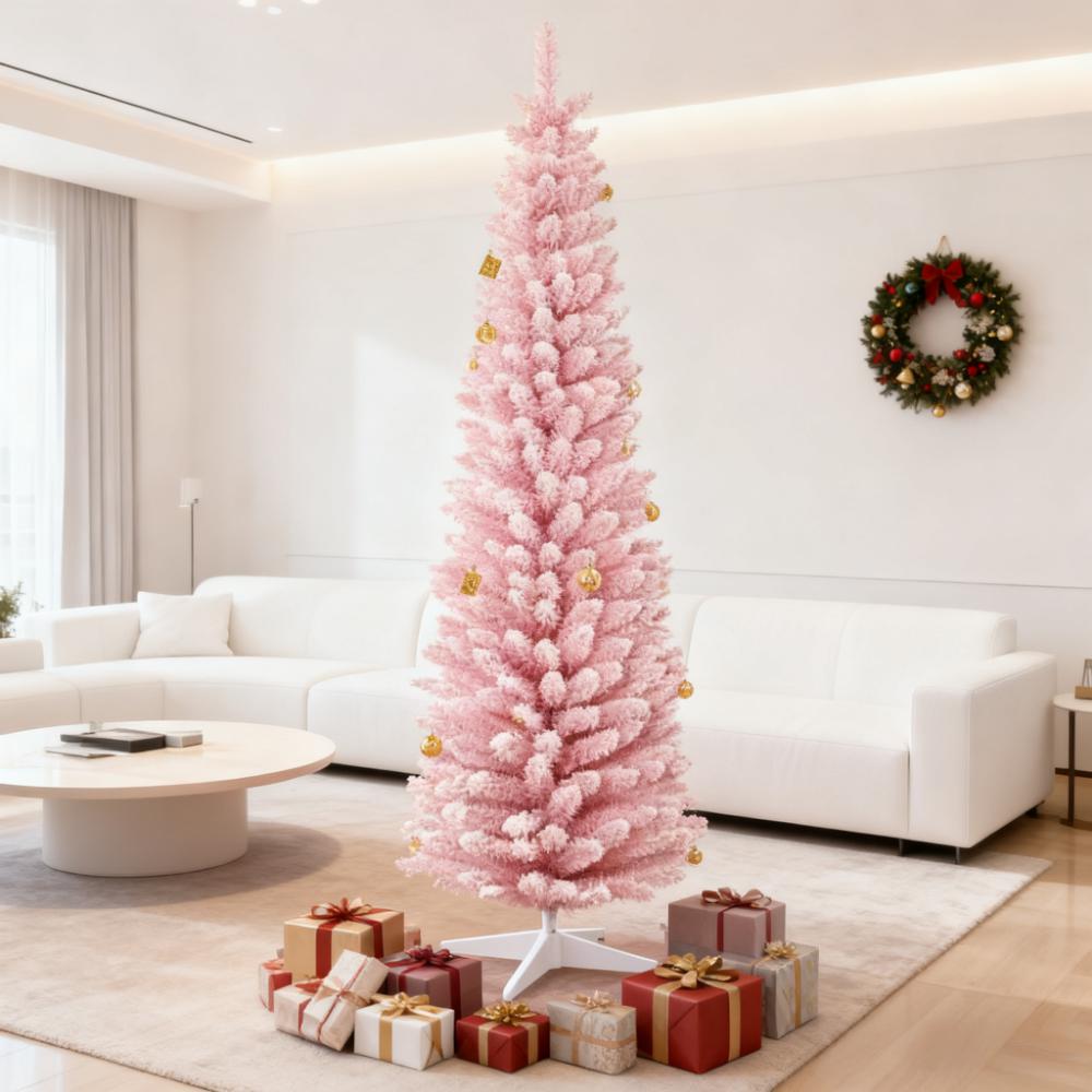Snow Flocked Artificial Christmas Tree with Pencil Shape - White