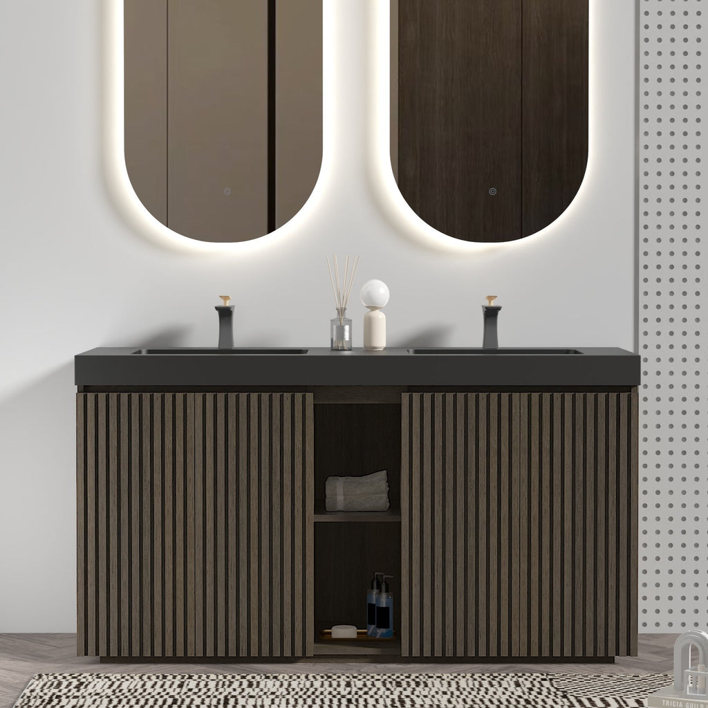 Galan 60" Smoked Oak Bathroom Vanity with Dual Soft-Close Doors - Oak