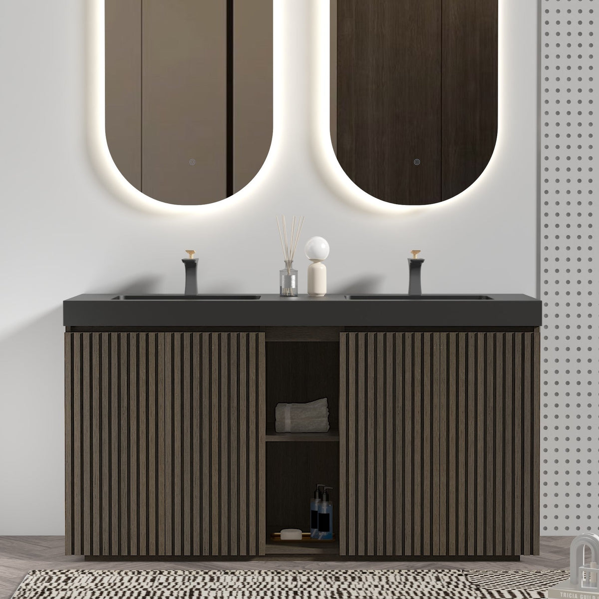 Galan 60" Smoked Oak Bathroom Vanity with Dual Soft-Close Doors - Oak