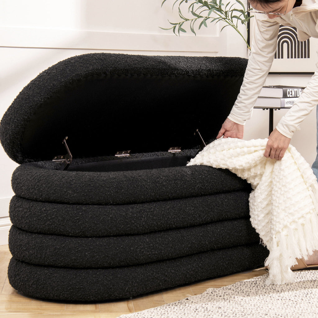 Upholstered Oval Storage Bench with Hidden Storage - Black, White or Dark Green