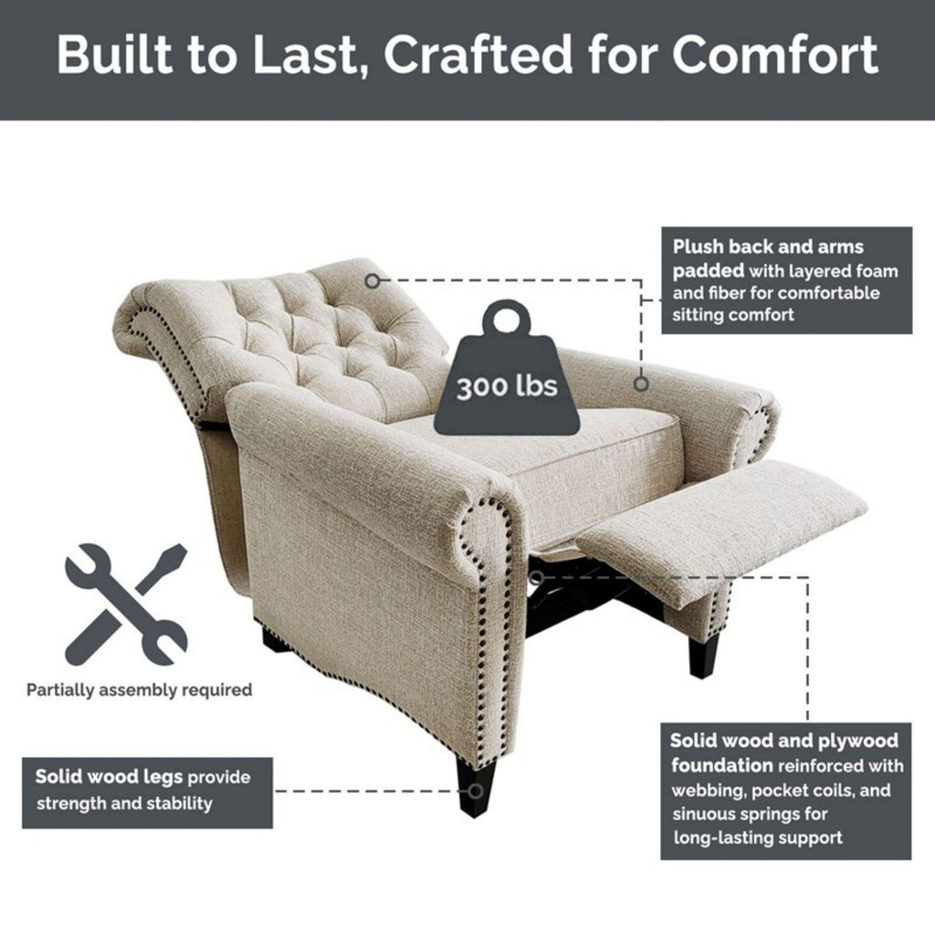 Cream Push Back Recliner Chair with Tufted Back and Nailhead Trim