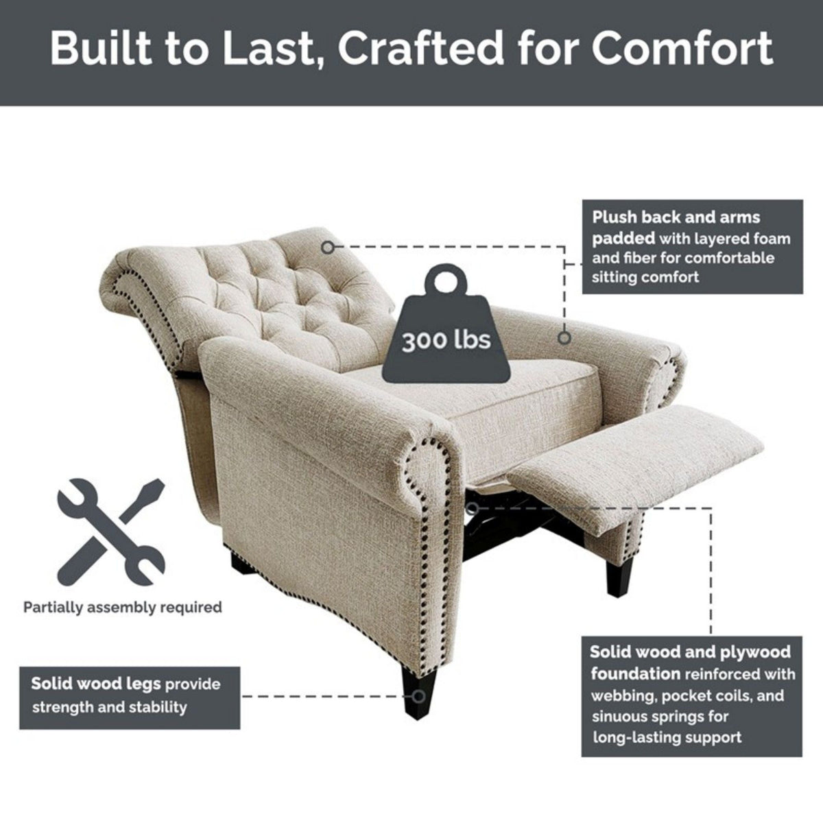 Cream Push Back Recliner Chair with Tufted Back and Nailhead Trim