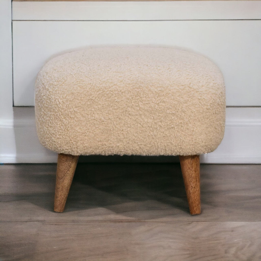 Solid Wood Boucle Upholstered Square Footstool with Nordic-Style Legs - Natural