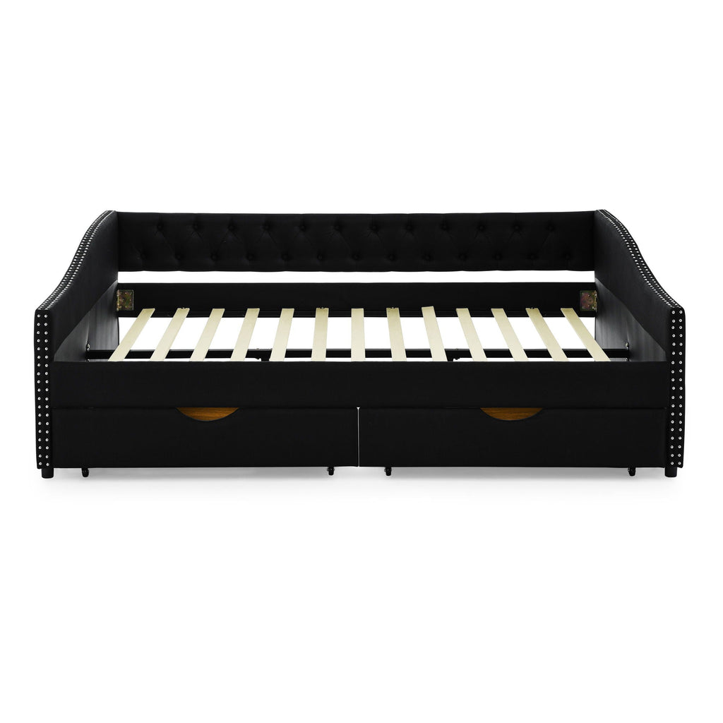 Upholstered Tufted Daybed with 2 Drawers and Waved Arms - Multiple Colors