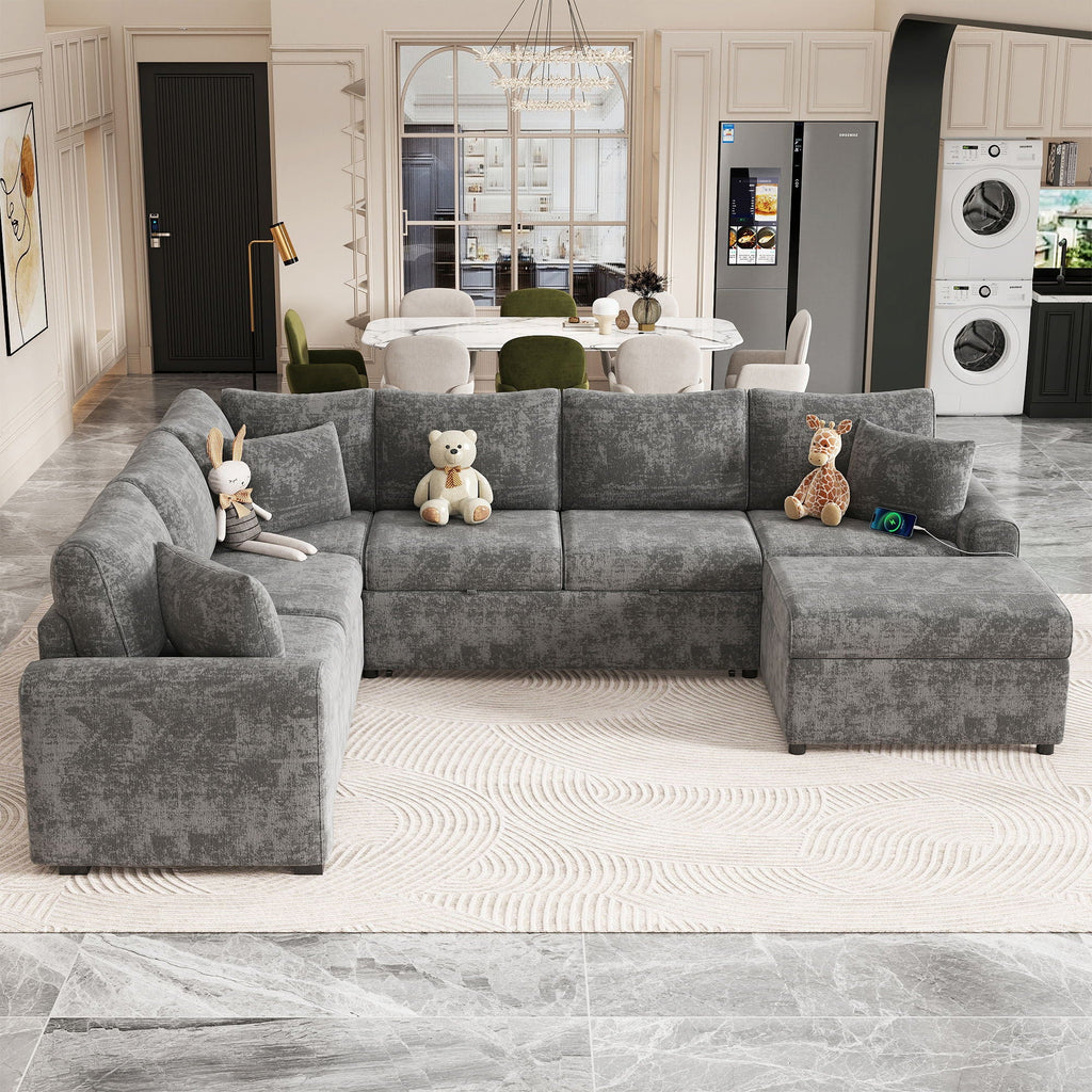 Sleeper Sectional Sofa with Storage Ottoman and USB Charging - White or Dark Gray