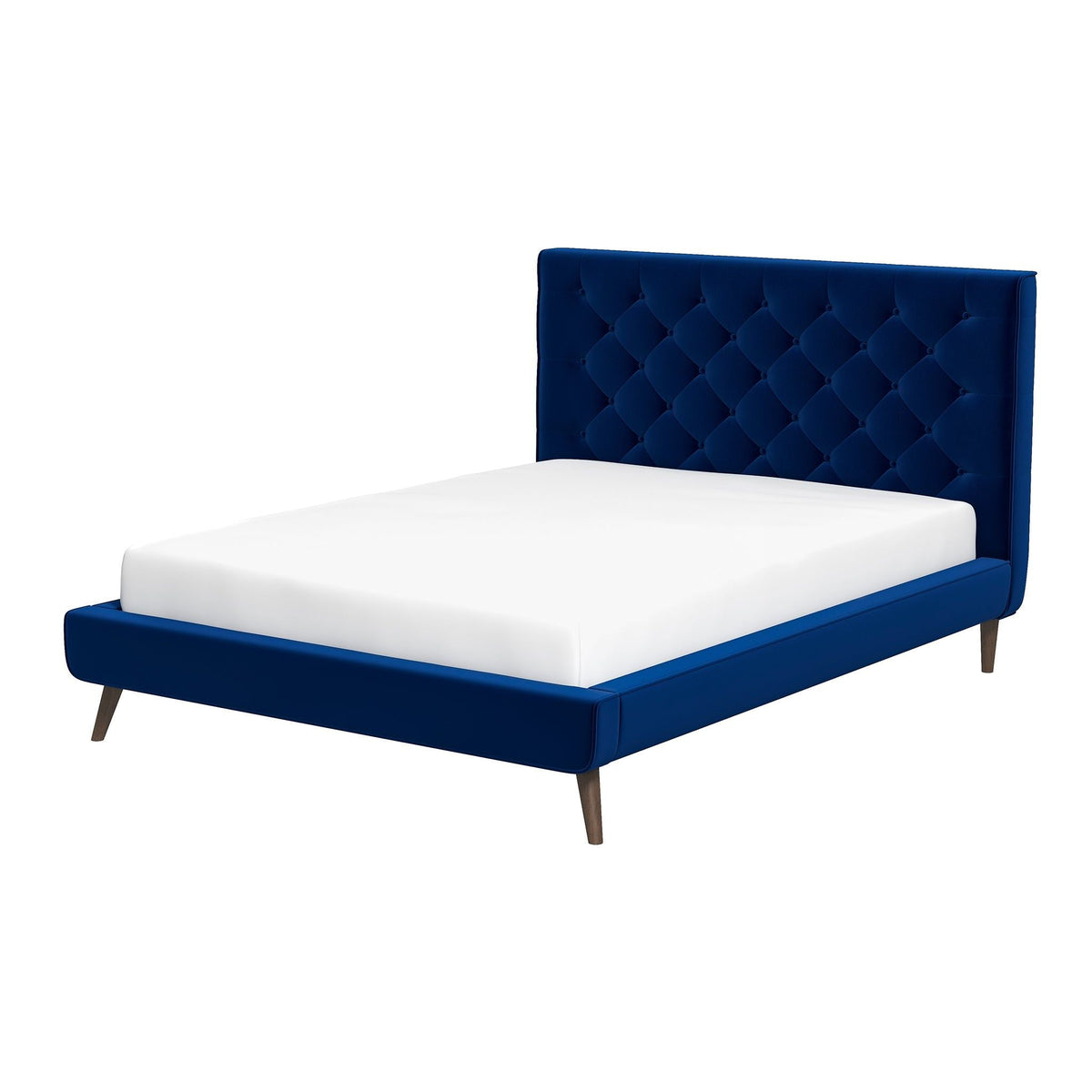 Mid-Century Platform Bed with Tufted Headboard - Blue