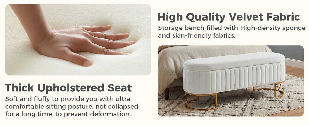 Velvet Storage Bench with Golden Metal Legs - Bedroom Bench