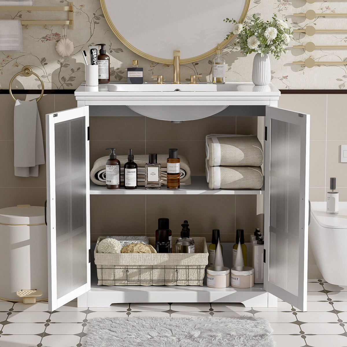 Modern Bathroom Vanity With Ceramic Sink, Tempered Blurred Glass Doors