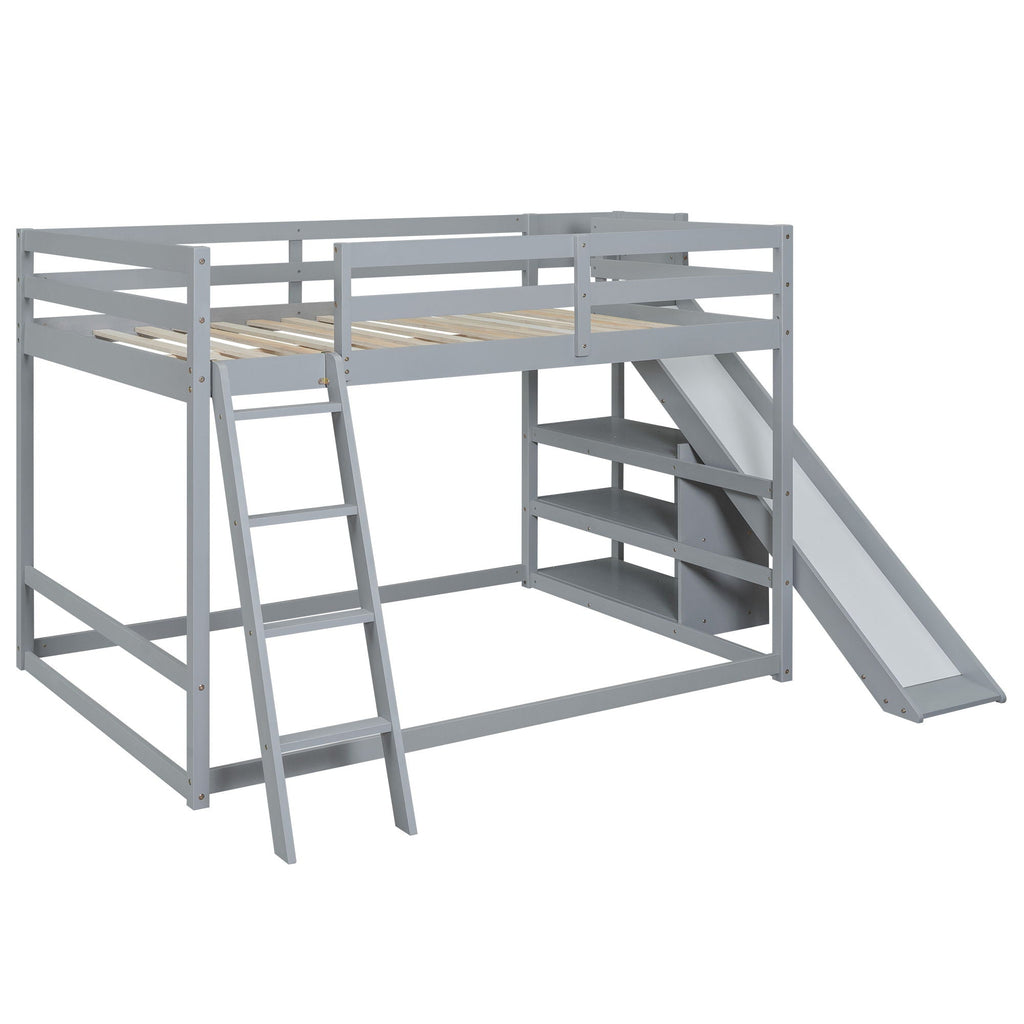 Bunk Bed With Ladder, Slide, and Shelves - Pine Wood, Full Over Full