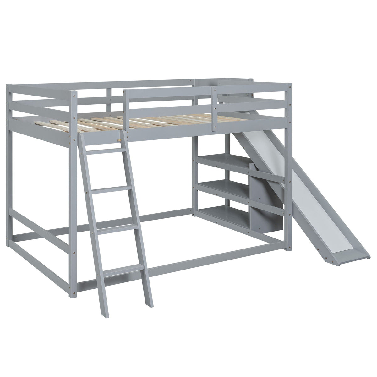Bunk Bed With Ladder, Slide, and Shelves - Pine Wood, Full Over Full