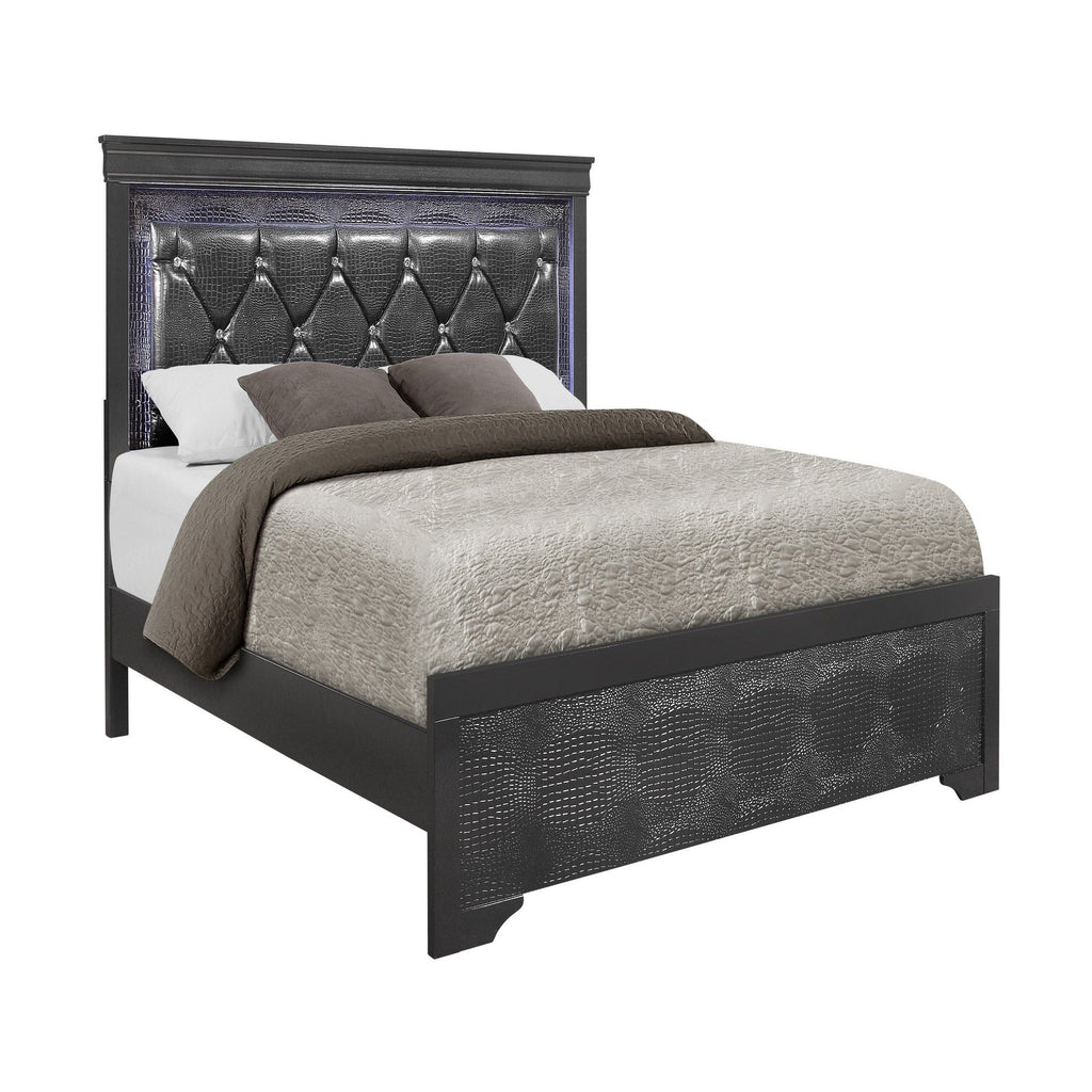 Panel Bed with LED Lighting and Tufted Headboard - White or Dark Gray
