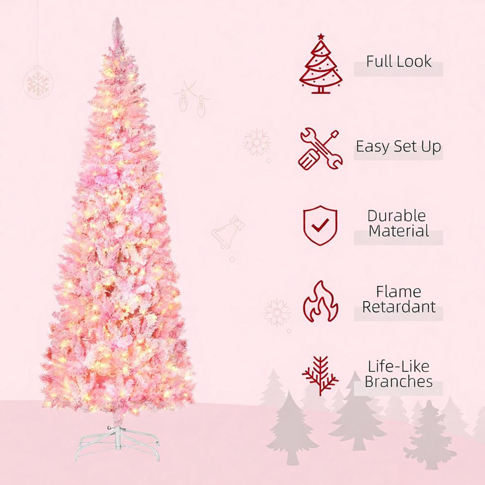 Snow Flocked Pencil Shape Artificial Christmas Tree with Warm LED Lights - White